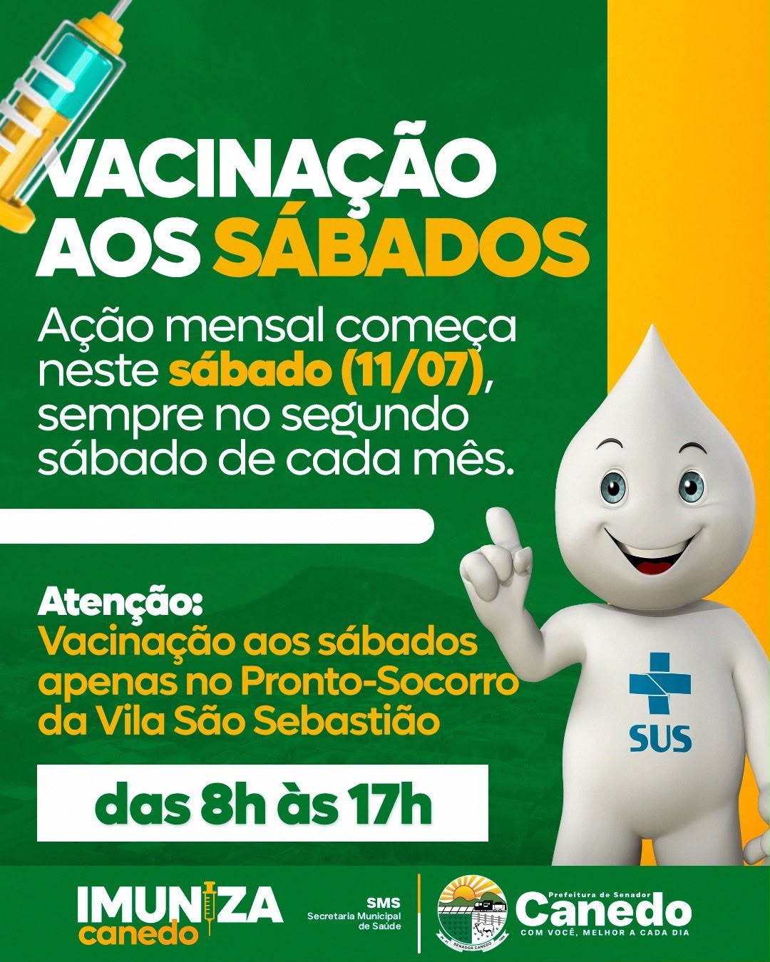 Imuniza Canedo amplia vacinação com atendimento neste sábado no Pronto-Socorro da Vila São Sebastião