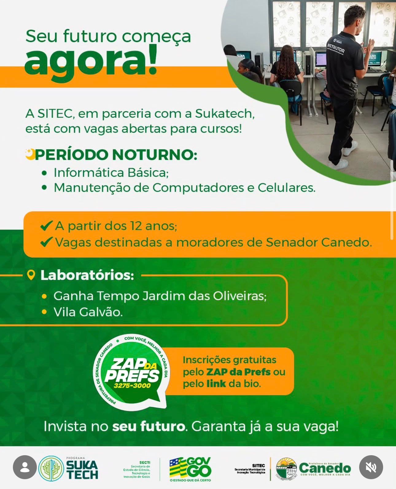 Cursos gratuitos de informática e manutenção de celulares têm vagas abertas em Senador Canedo